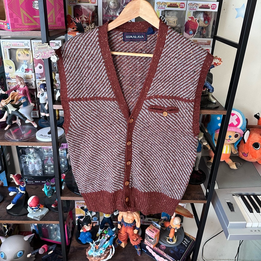 Vintage Himalaya Brown & Cream Knit Sweater Vest Size L Fits M - Picture 1 of 6